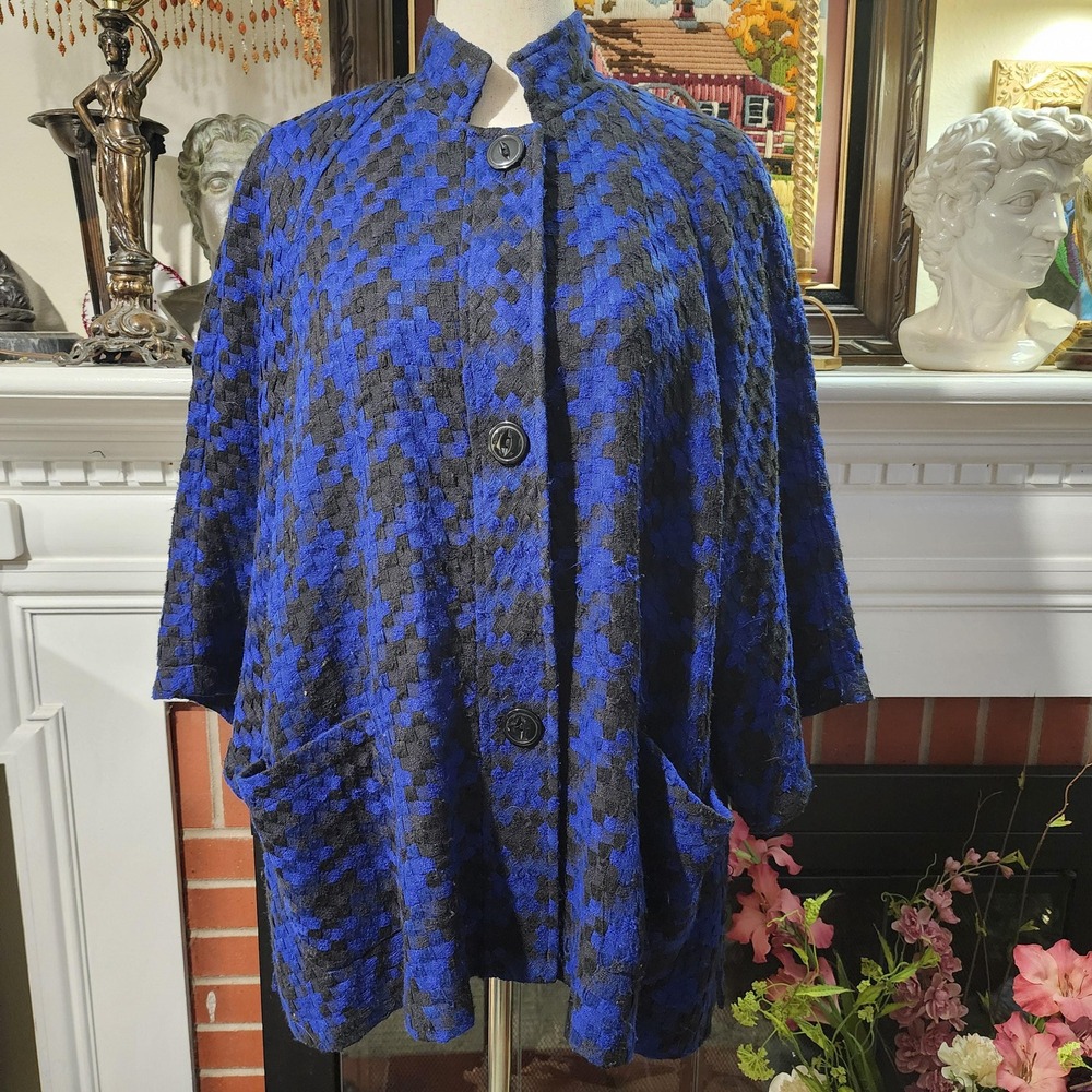 Coldwater Creek Blue Black Houndstooth Poncho Coat Jacket Womens 1X Preppy Fall